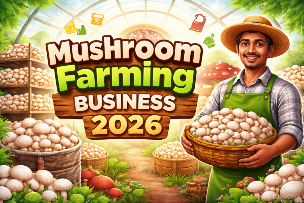 Mushroom Farming Business 2026 promotional banner showing a smiling farmer holding a basket of fresh white mushrooms inside a greenhouse filled with mushroom racks and farming setup.