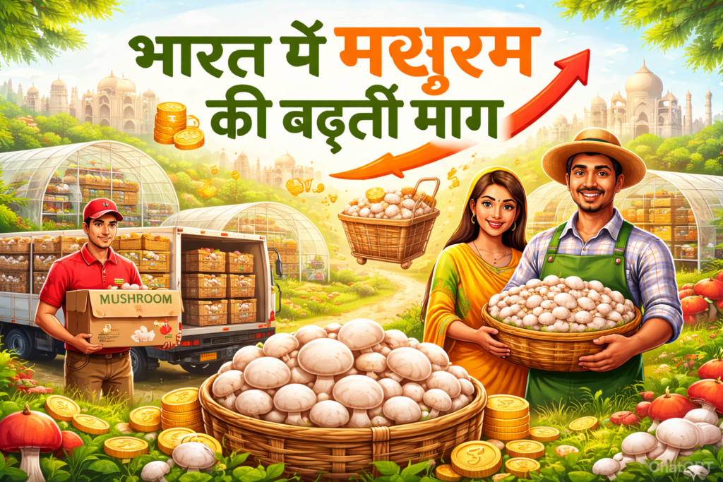 भारत में मशरूम की बढ़ती मांग को दर्शाता हुआ Mushroom Farming Business 2026 बैनर, जिसमें किसान ताज़े मशरूम की टोकरी पकड़े हुए है और पीछे ग्रीनहाउस व सप्लाई ट्रक दिखाई दे रहा है।