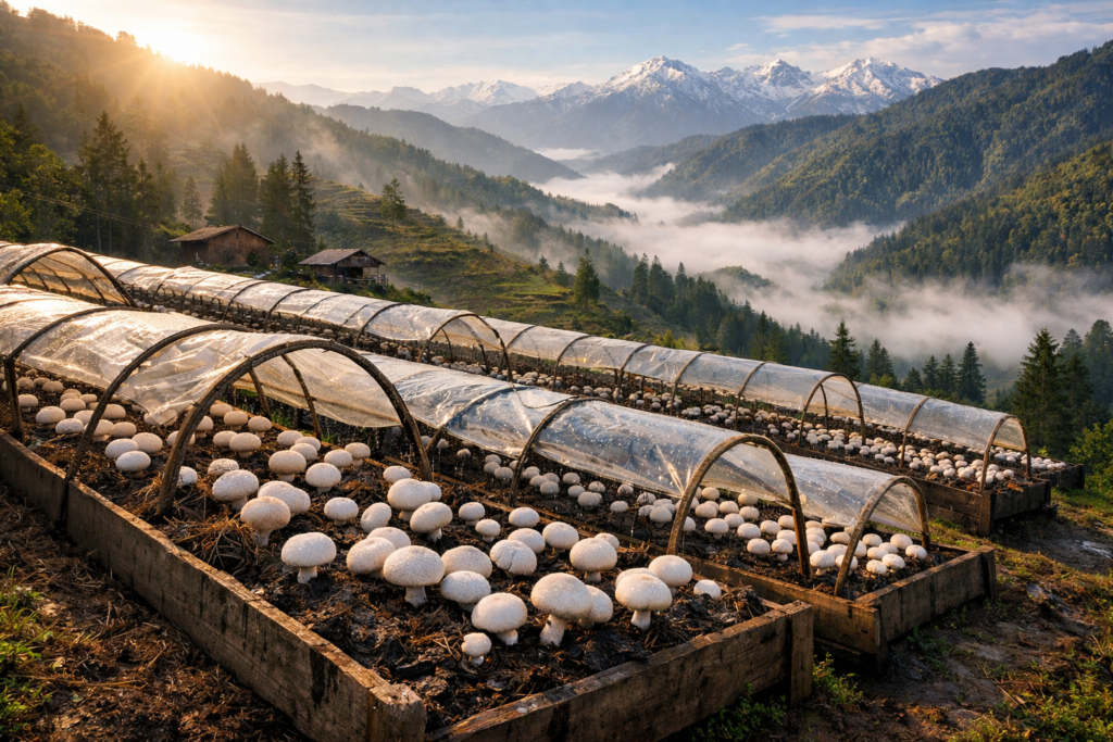 Mushroom Farming Business 2026 – पहाड़ी इलाके में रियलिस्टिक मशरूम फार्म, 16:9 वाइड व्यू, प्राकृतिक वातावरण में उगते सफेद मशरूम