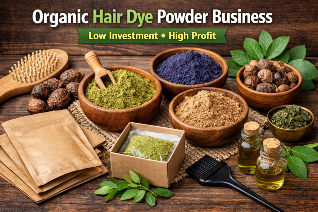 "Organic Hair Dye Powder – प्राकृतिक हर्बल पाउडर जैसे हिना, इंडिगो, आंवला, भृंगराज, रीठा और शिकाकाई, ईको-फ्रेंडली पैकेजिंग में, बालों के लिए सुरक्षित और केमिकल-फ्री"