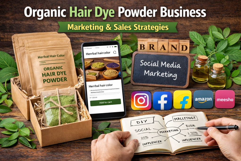 "Organic Hair Dye Powder Business के लिए मार्केटिंग और सेल्स स्ट्रेटेजी – सोशल मीडिया आइकॉन्स, ऑनलाइन स्टोर, DIY marketing नोटबुक, हर्बल पाउडर और eco-friendly पैकेजिंग के साथ"