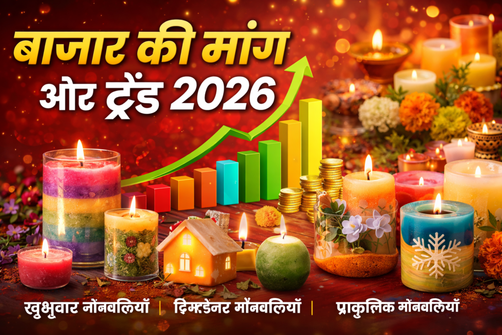 “Candle Making Business 2026 market trends infographic showing rising demand for scented, floating, organic candles, home-based setups and online sales growth on Amazon and Flipkart.”