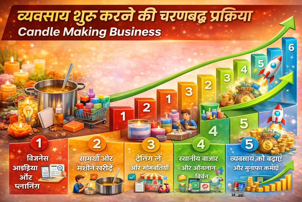 “Candle Making Business 2026 step by step guide infographic showing market survey, investment, materials, production, packaging, local and online marketing for high-profit home-based business.”