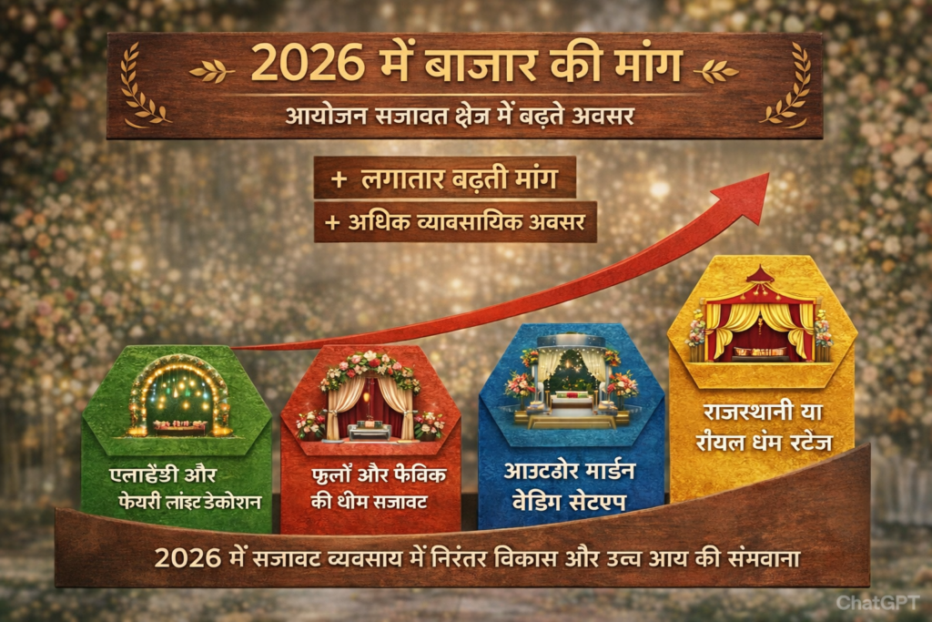 Tent Decoration Business Plan infographic jisme 2026 mein market demand, LED decoration, theme setup aur royal stage trends dikhaye gaye hain।