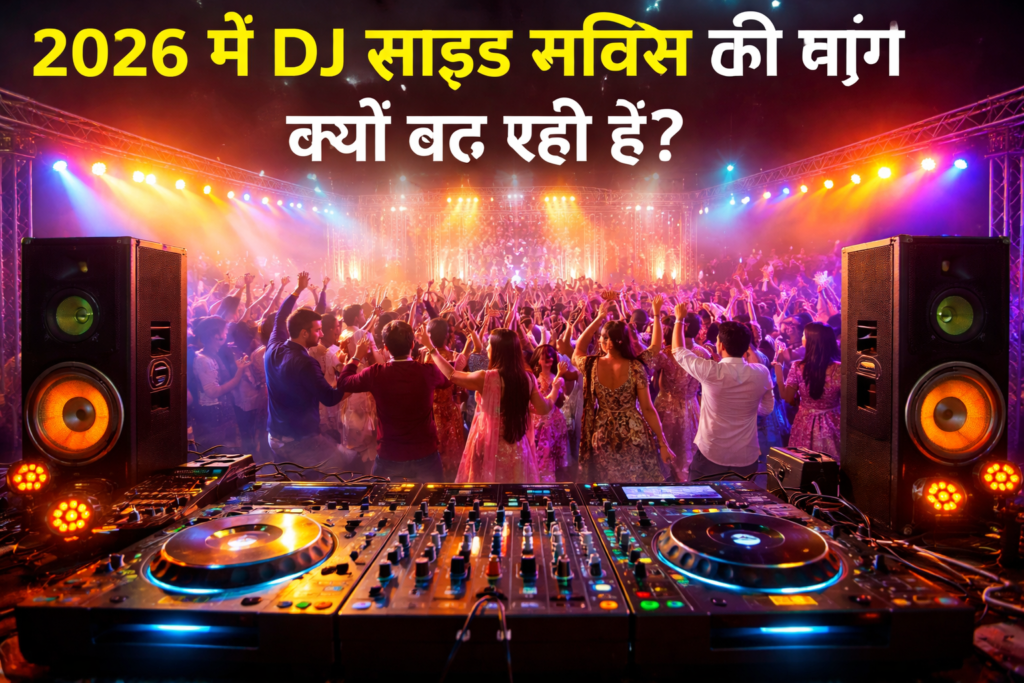 2026 में DJ Sound Service Business के लिए प्रोफेशनल DJ सेटअप, बड़े स्पीकर, मिक्सर कंसोल और रंगीन लाइटिंग के साथ शादी समारोह में डांस करती भीड़ का दृश्य।