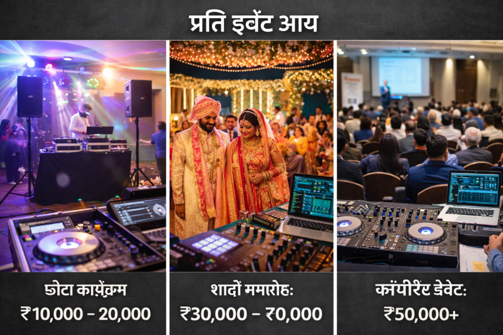 DJ Sound Service Business के लिए प्रोफेशनल DJ सेटअप जिसमें स्पीकर, सबवूफर, मिक्सर कंट्रोलर, लैपटॉप और इवेंट लाइटिंग के साथ शादी, छोटे कार्यक्रम और कॉर्पोरेट इवेंट का दृश्य दिखाया गया है।