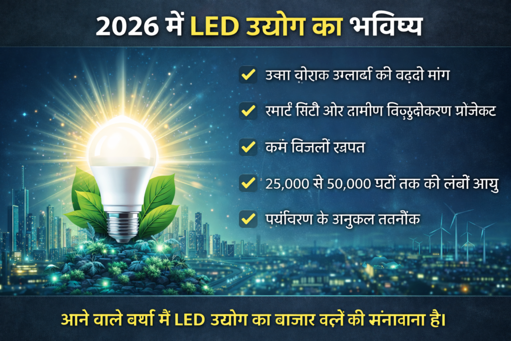 LED Bulb Manufacturing Business 2026 में LED उद्योग के भविष्य को दर्शाता इन्फोग्राफिक जिसमें चमकता हुआ LED बल्ब, स्मार्ट सिटी बैकग्राउंड और ऊर्जा दक्ष तकनीक से जुड़े मुख्य बिंदु दिखाए गए हैं।