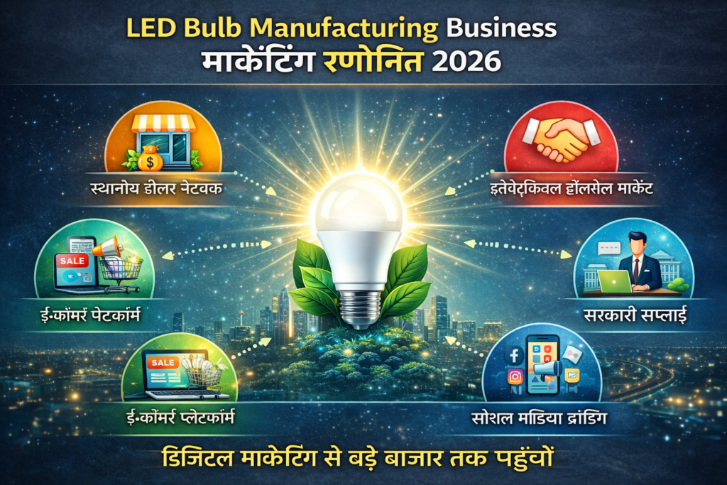 LED Bulb Manufacturing Business factory setup with assembling machines, workers producing LED bulbs, and packed LED bulb boxes ready for market distribution.