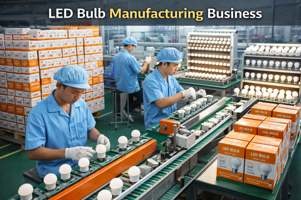 LED Bulb Manufacturing Business यूनिट में कर्मचारी असेंबली लाइन पर LED बल्ब की टेस्टिंग और पैकेजिंग करते हुए, पीछे तैयार माल के बॉक्स सजे हुए दिखाई दे रहे हैं।