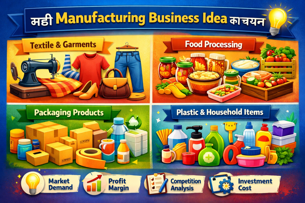 "सही Manufacturing Business Idea चयन दिखाता हुआ रंगीन इन्फोग्राफिक जिसमें Textile, Food Processing, Packaging और Household Products Manufacturing सेक्टर दर्शाए गए हैं"