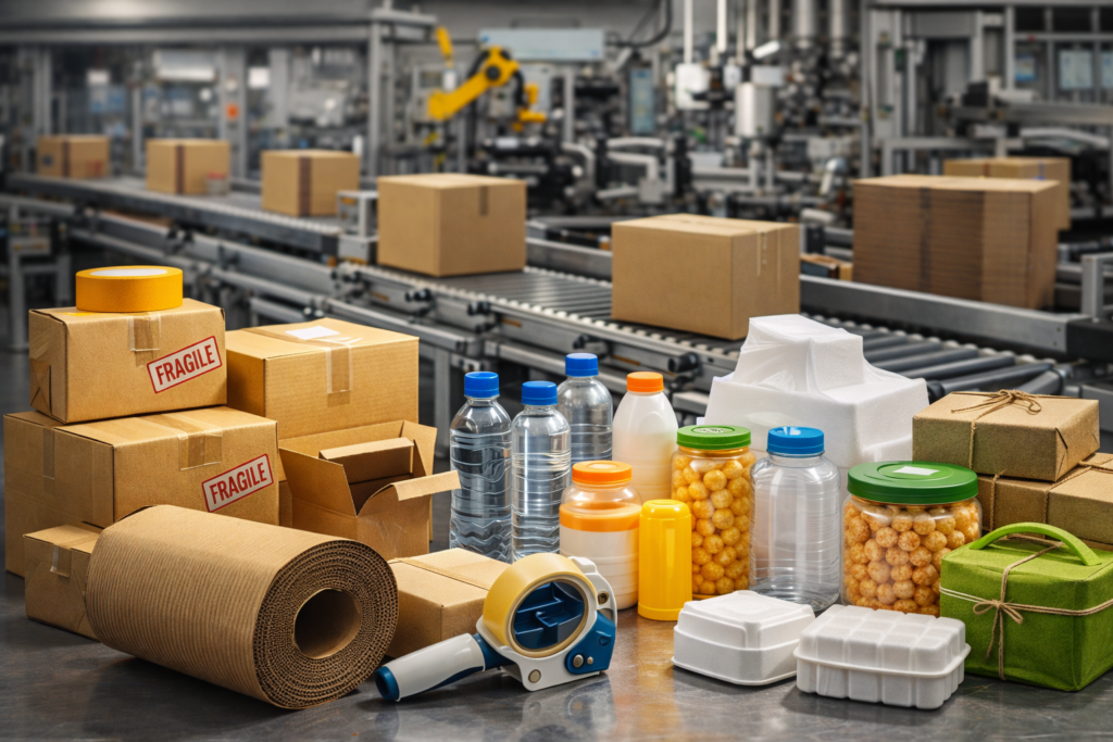 "Packaging Product Manufacturing Unit में कार्डबोर्ड बॉक्स, प्लास्टिक बोतल और पैकेजिंग सामग्री तैयार होती हुई आधुनिक उत्पादन लाइन"