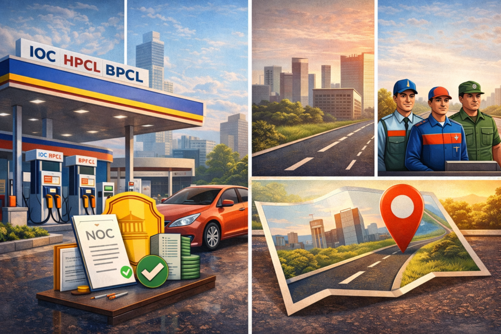 Petrol Pump व्यवसाय शुरू करने की प्रक्रिया दर्शाती हुई फोटो – पेट्रोल पंप, सरकारी दस्तावेज़, निवेश, स्थान चयन और कर्मचारियों को दिखाती हुई विज़ुअल इमेज