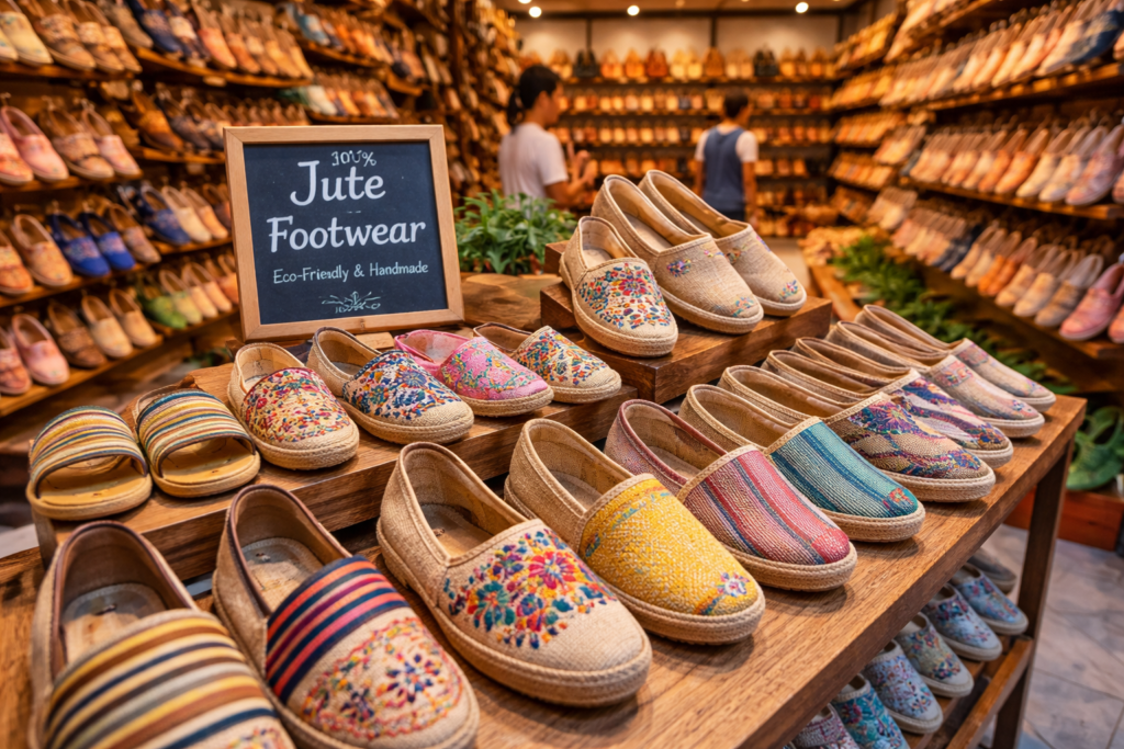 Jute Footwear Business shop with colorful handmade jute shoes displayed in a retail store, eco-friendly cloth footwear collection