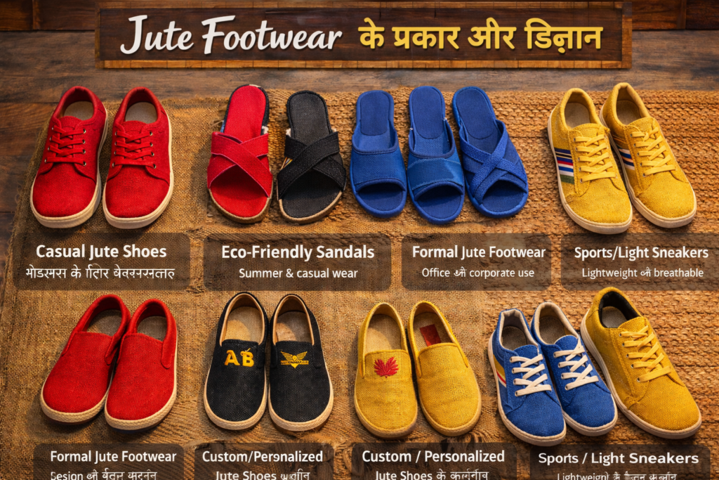 Jute Footwear के प्रकार और डिजाइन, जिसमें red, black, blue और yellow रंगों के eco-friendly जूट शूज़, सैंडल और स्नीकर्स दिखाए गए हैं