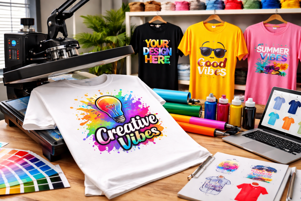 Custom T-Shirt & Printing Business setup with heat press machine, colorful printed T-shirts, inks, design tools and creative workspace