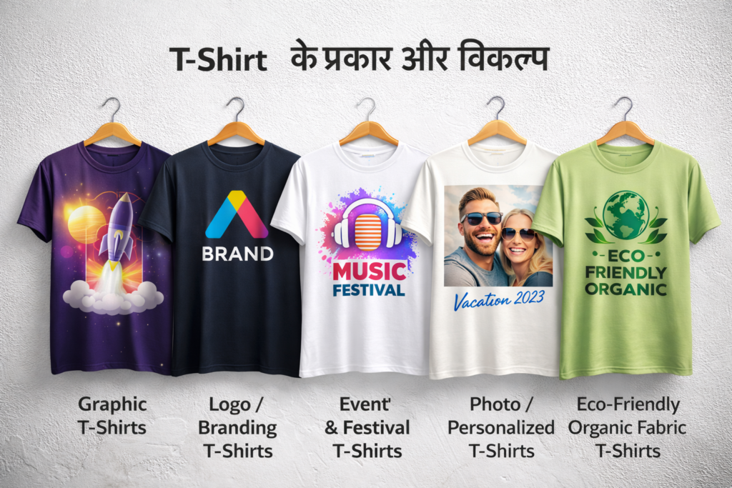 Different types of custom T-shirts including graphic, logo branding, event, photo personalized and eco-friendly organic fabric T-shirts displayed stylishly