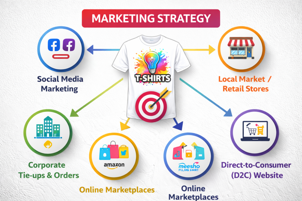 T-Shirt & Printing Business marketing strategy infographic showing social media marketing, local retail stores, corporate tie-ups, online marketplaces and D2C website sales channels