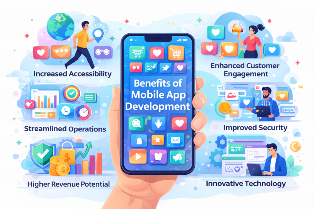 Mobile app development benefits illustration showing a smartphone with app icons and visuals representing accessibility, customer engagement, security, revenue growth, streamlined operations, and innovative technology.