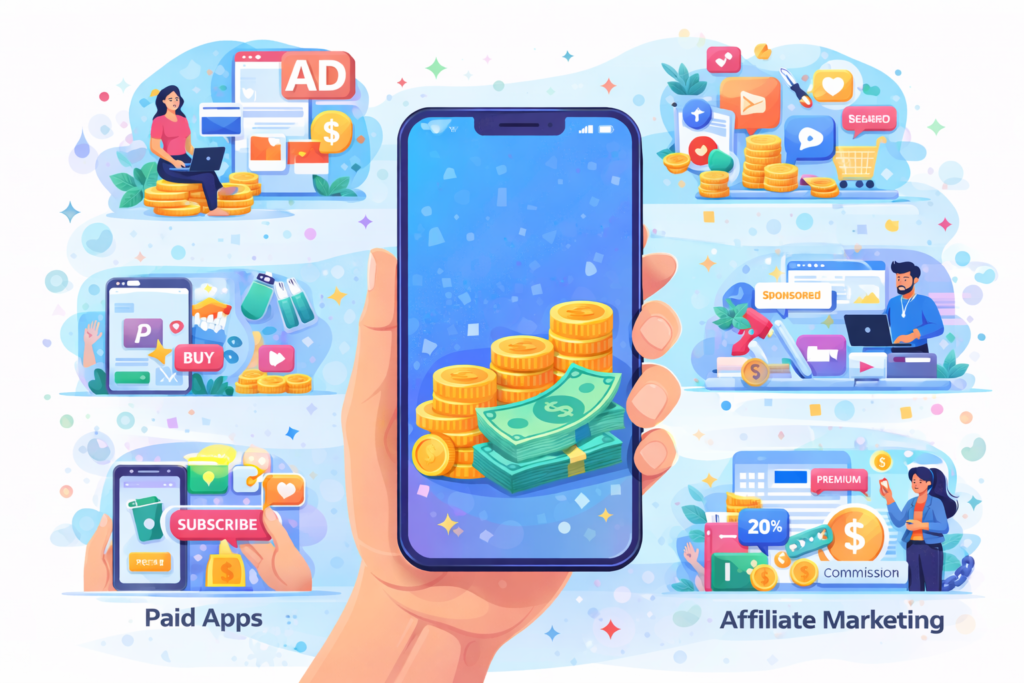 Illustration showing a smartphone with gold coins and cash, representing different ways to earn money through mobile app development such as ads, purchases, subscriptions, and digital services.