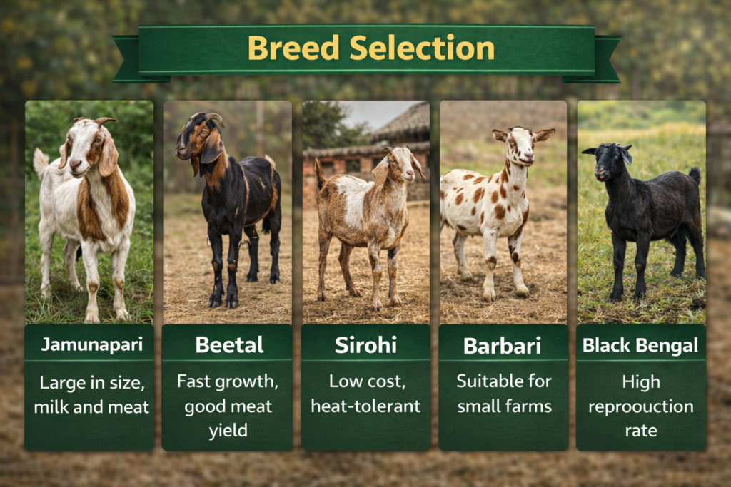 “Breed Selection infographic for Goat Farming Business Plan showing Jamunapari, Beetal, Sirohi, Barbari and Black Bengal goat breeds with their key features.”