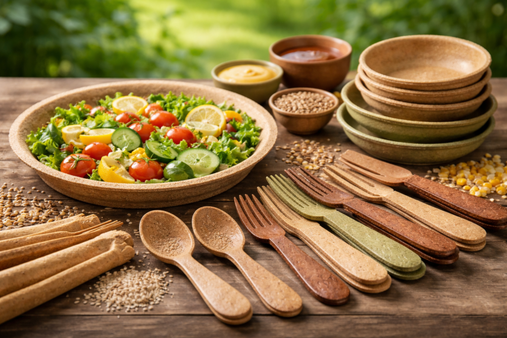 Edible cutlery and plates made from natural ingredients like wheat and corn, eco-friendly biodegradable tableware for sustainable dining and events.