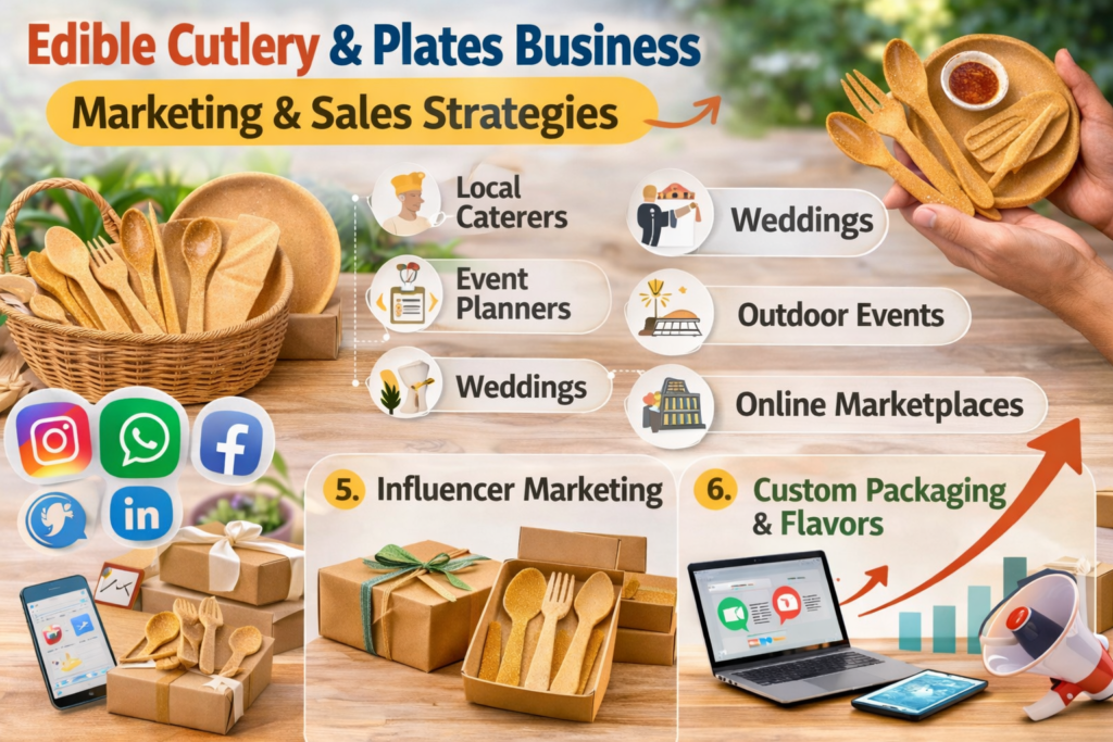 Infographic showing marketing and sales strategies for Edible Cutlery and Plates Business including social media promotion, local caterers, event planners, weddings, online marketplaces, and influencer marketing.